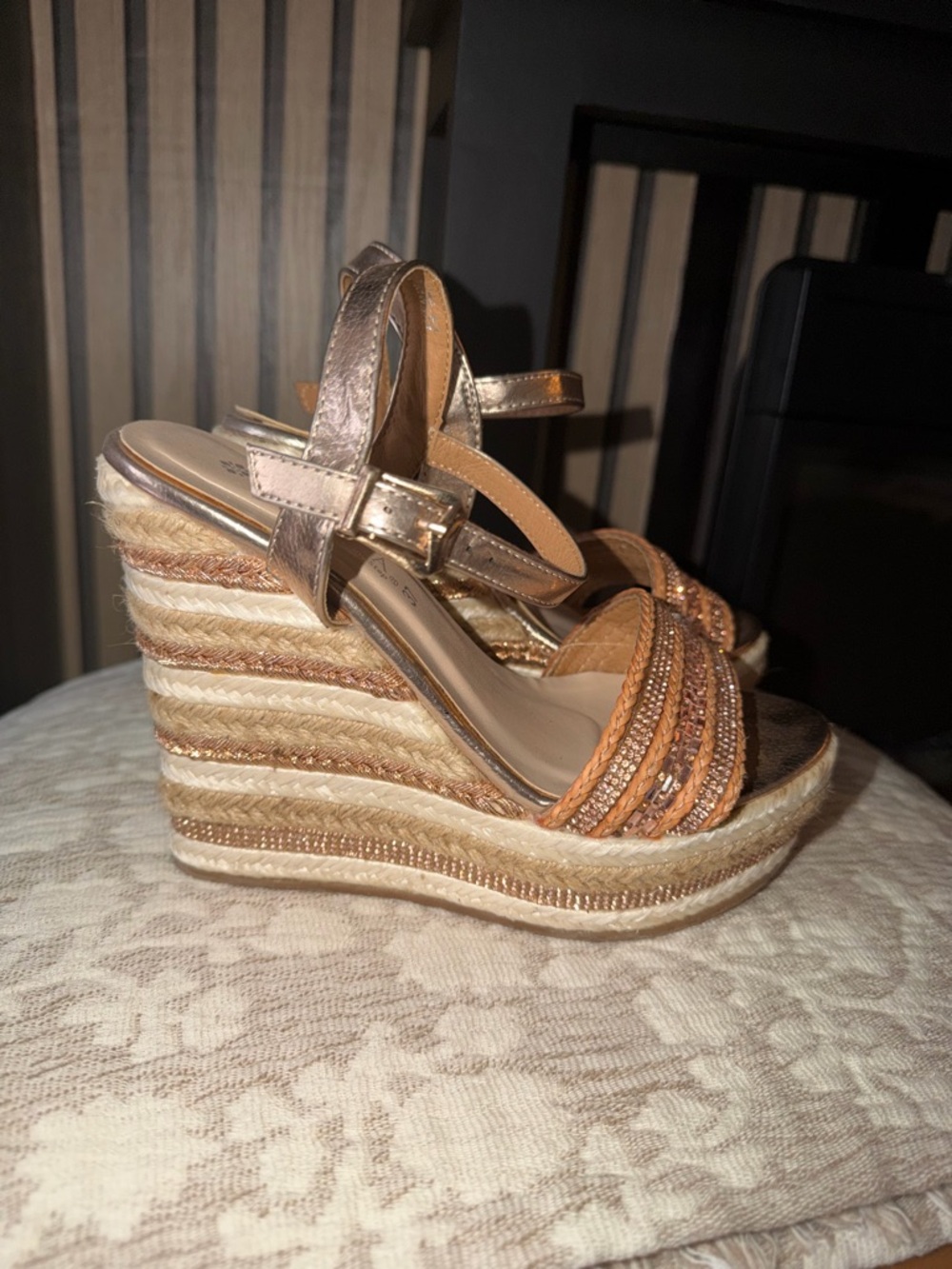 Rose Gold Espadrille Wedge Sandals for Women